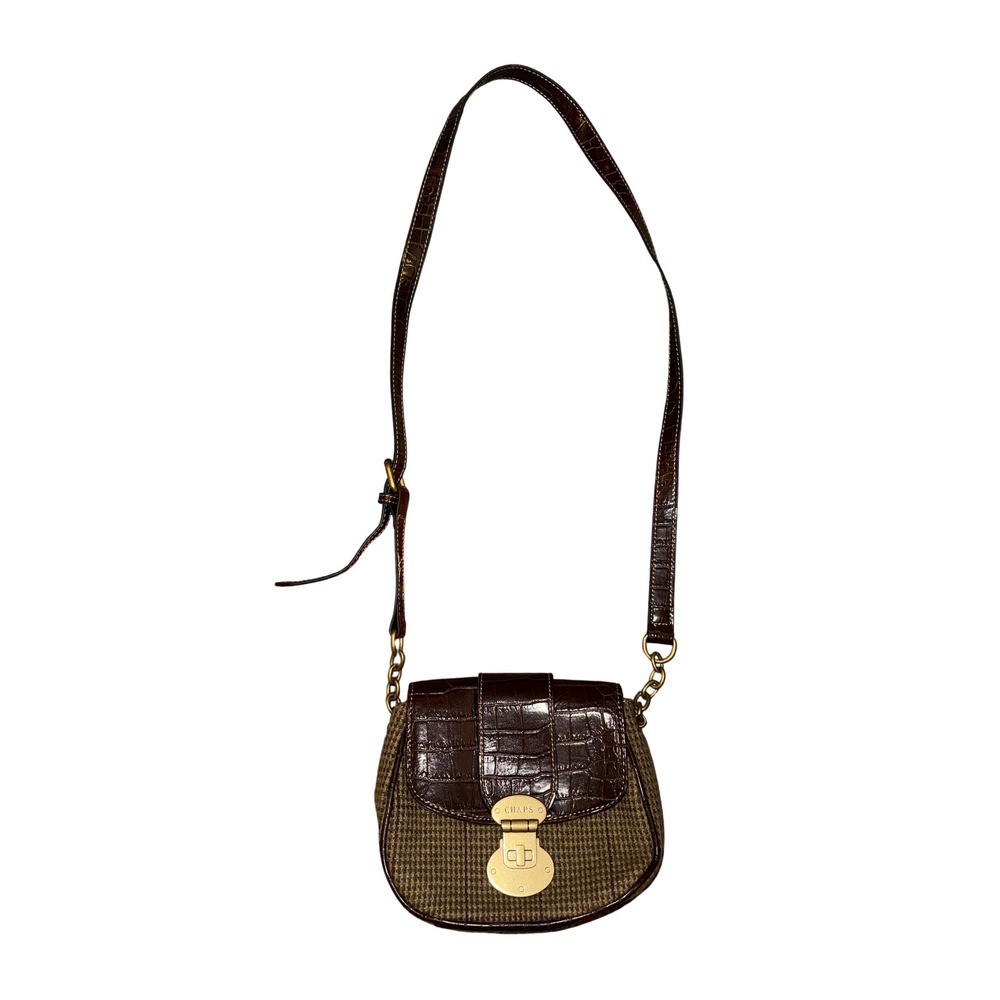 Chaps Crossbody Bag Womens Small Brown Tweed Houndstooth‎ Croc Embossed Saddle